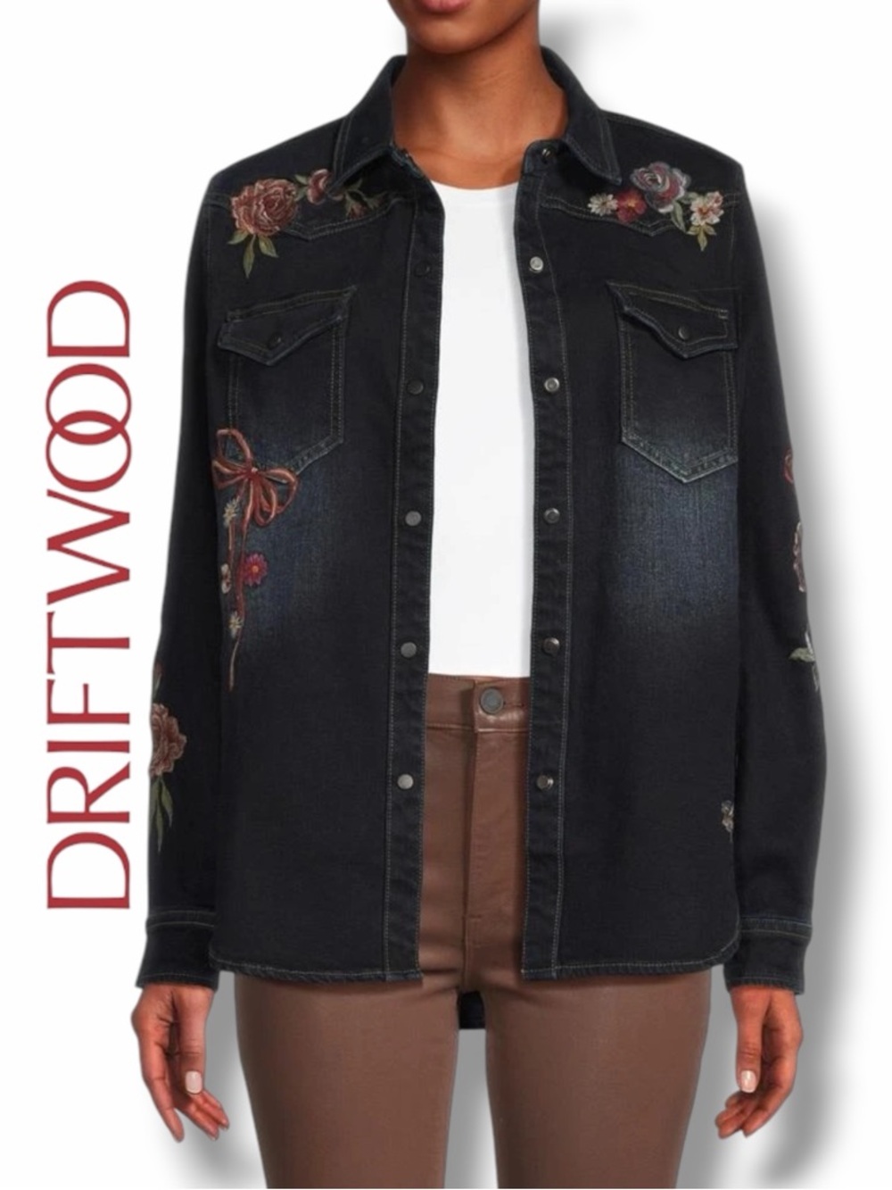 DRIFTWOOD Lana x Bows Roses Embroidered Denim Jacket in the Size Large